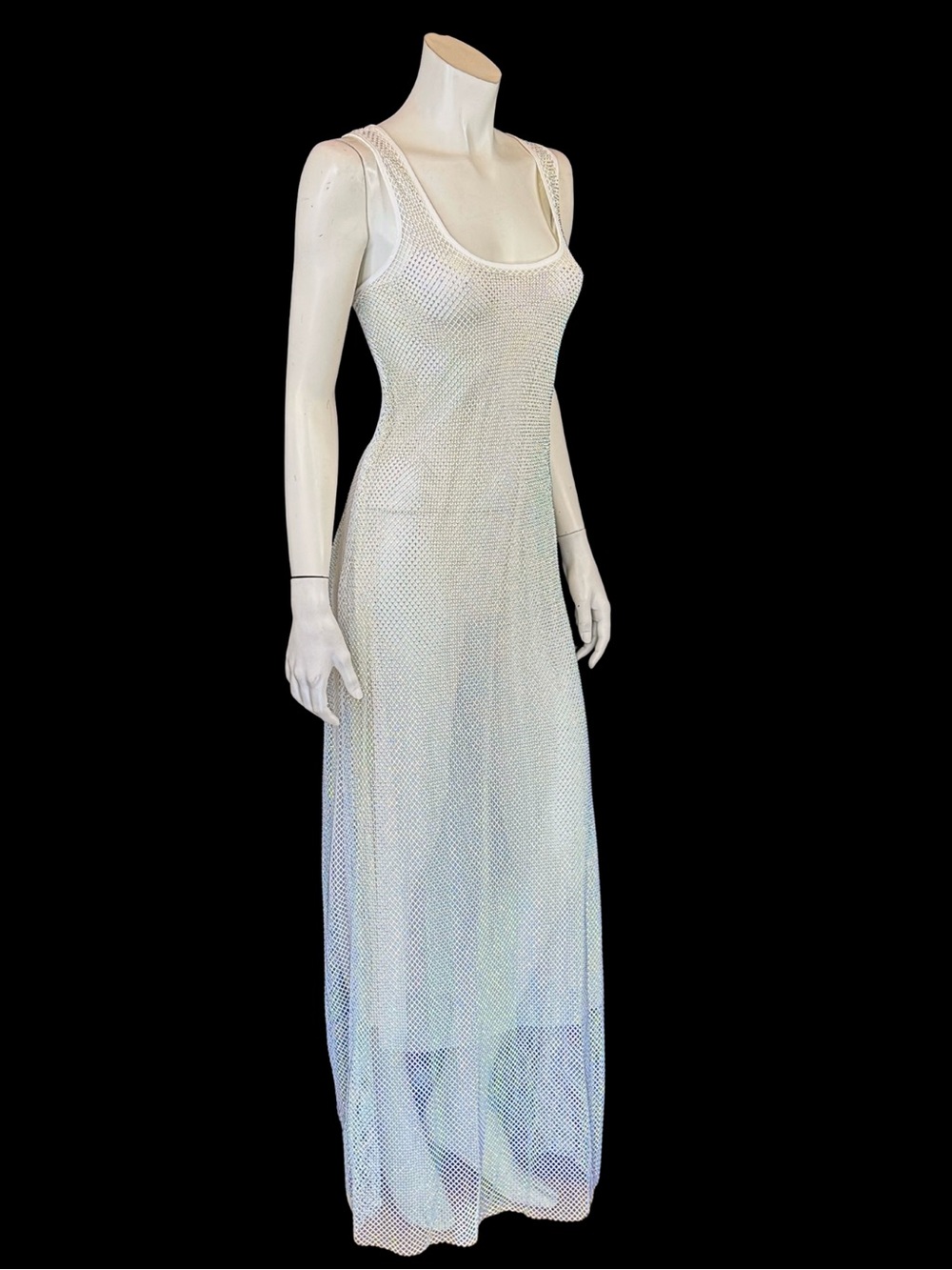 Y2K White Rhinestone Mesh Net Sheer Dress | Fairycore Rave | M - Picture 9 of 16